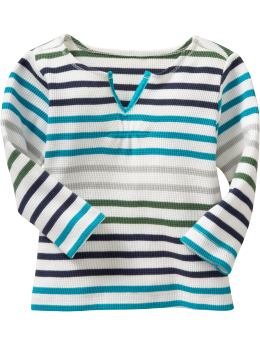 Baby Girls: Ribbon-Trim Waffle Tees for Baby - Blue Stripe