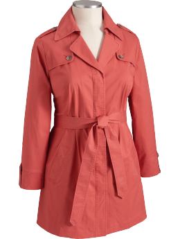 Women's Plus: Women's Plus Belted Trench Coats - Happy Coral