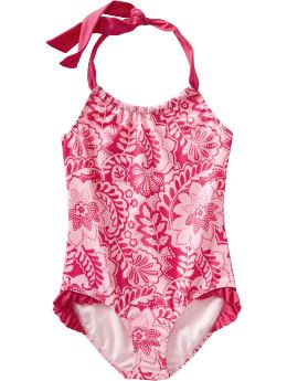 Girls: Girls Printed Ruffle-Trim Swimsuits - Pink Floral