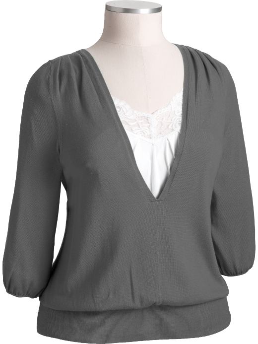 Women's Plus: Women's Plus Pleated Deep-V Sweaters - Pavement