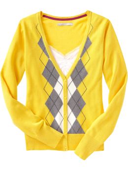 Women: Women's Argyle V-Neck Cardigans - Mellow Yellow