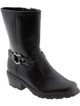 Girls: Girls Heart-Buckle Faux-Leather Boots - Black Jack
