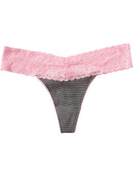 Women: Women's Printed Lace-Trim Thongs - Black/White Stripe