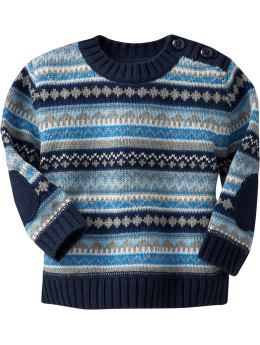 Newborn: Fair Isle Button-Shoulder Sweaters for Baby - Blue Combo