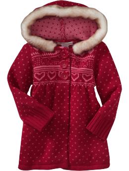 Baby Girls: Faux Fur-Trim Sweater Coats for Baby - Red Hearts