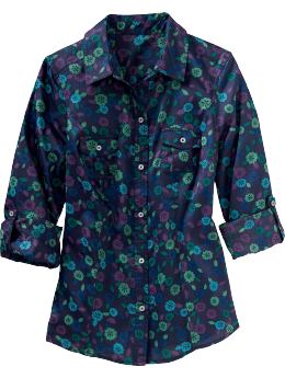 Women: Women's Sateen Roll-Sleeve Camp Shirts - Navy Blue Print