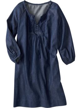 Women: Women's Embroidered Chambray Dresses - Blue Chambray