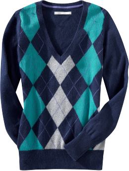 Women: Women's Patterned V-Neck Sweaters - Blue Argyle