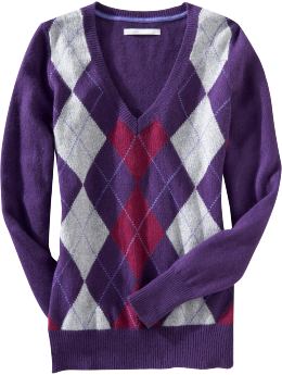 Women: Women's Patterned V-Neck Sweaters - Purple Argyle