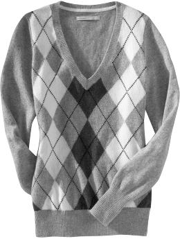 Women: Women's Patterned V-Neck Sweaters - Gray Argyle