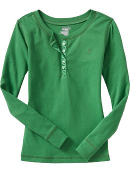 Girls: Girls Satin-Placket Henleys - Green