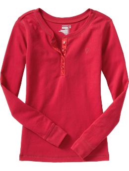 Girls: Girls Satin-Placket Henleys - Crimson Red