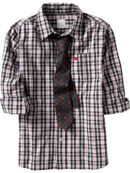 Boys: Boys Shirt & Tie Sets - Black Plaid