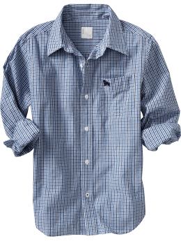 Boys: Boys Patterned Poplin Shirts - Blue Check