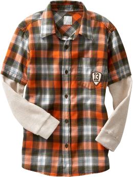 Boys: Boys 2-in-1 Plaid Flannel Shirts - Green/Orange Plaid