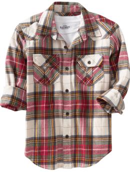 Boys: Boys Plaid Flannel Shirts - Green Red Plaid