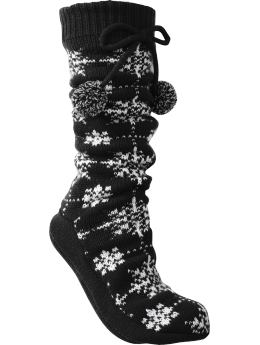 Women: Women's Fair Isle Sweater-Knit Slipper Socks - Black Snowflake