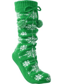 Women: Women's Fair Isle Sweater-Knit Slipper Socks - Green Snowflake