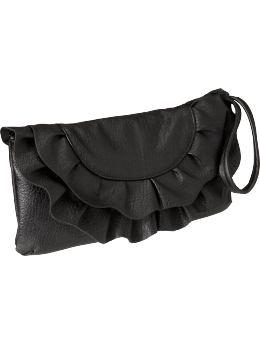 Women: Women's Ruffled Faux-Leather Wristlet Clutches - Black Jack