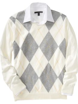 Men: Men's Argyle V-Neck Sweaters - Bright White