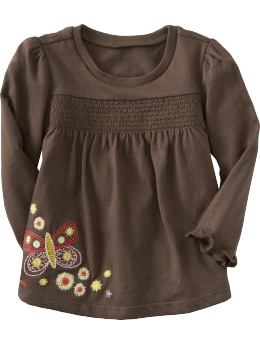 Baby Girls: Embroidered-Graphic Smocked Tops for Baby - Brown Earth