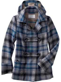 Women: Women's Removable-Hood Wool-Blend Coats - Blue Plaid