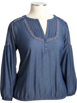 Women's Plus Lace-Trim Chambray Tops