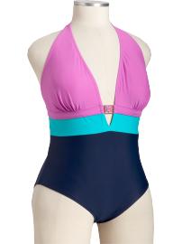 Womens Plus Color-Blocked Halter Swimsuits