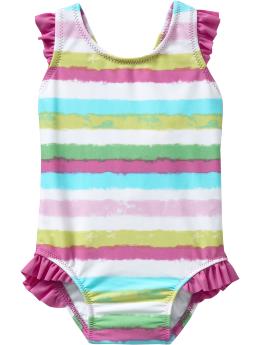 Watercolor-Stripe Ruffled Swimsuits for Baby