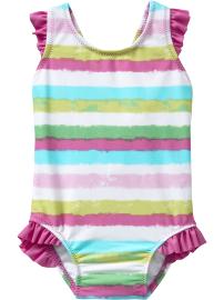 Watercolor-Stripe Ruffled Swimsuits for Baby
