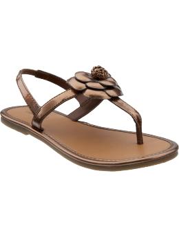 Girls Faux-Leather Floral Thong Sandals