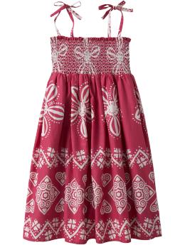 Girls Smocked Folk-Art Print Dresses