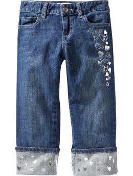 Girls Foil-Heart Denim Capris