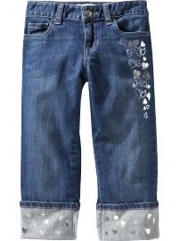 Girls Foil-Heart Denim Capris
