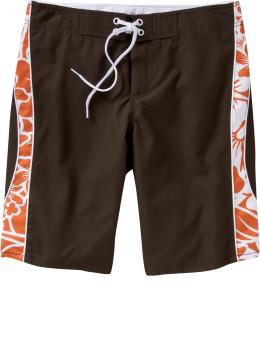 Men's Pieced Hibiscus-Trim Board Shorts