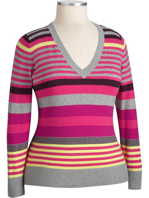 Womens Plus Multicolored-Stripe V-Neck Sweaters