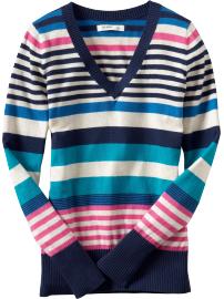 Women's Variegated-Stripe V-Neck Sweaters