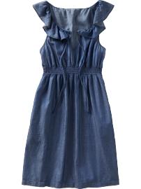 Women's Ruffle-Neck Chambray Dresses