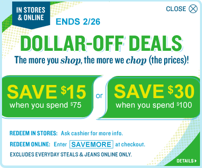 $15 Off $75, $30 Off $100 - Code: SAVEMORE