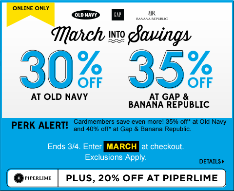 30% off Old Navy + 35% off Gap & Banana Republic with code MARCH