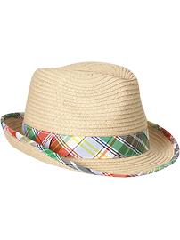 Straw Plaid-Trim Fedoras for Baby