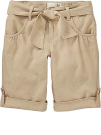Girls Belted Button-Tab Linen Bermudas