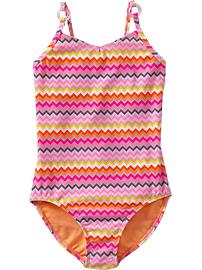 Girls Zig-Zag Print Glitter-Ring Swimsuits