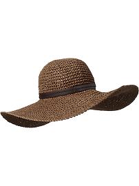 Women's Faux-Leather Trim Floppy Straw Hats