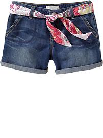 Girls Metallic-Print Belted Denim Shorts