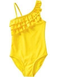 Girls Ruffled One-Shoulder Swimsuits