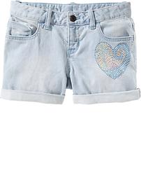 Girls Studded-Heart Denim Shorts