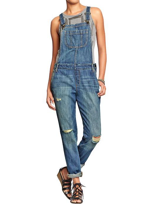 View large product image 1 of 2. Women's Distressed Denim Overalls
