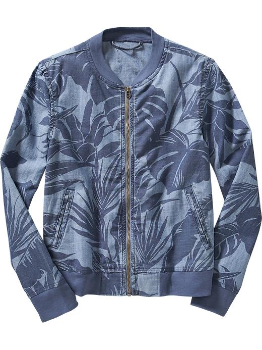 View large product image 1 of 1. Girls Tropical-Print Chambray Bomber Jackets