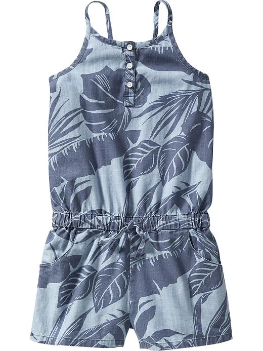 View large product image 1 of 1. Girls Tropical-Print Chambray Rompers